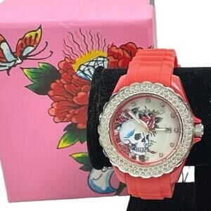 NIB Ed Hardy Love Kills Slowly Watch Swarovski Crystals & Red Pink Band Y2K